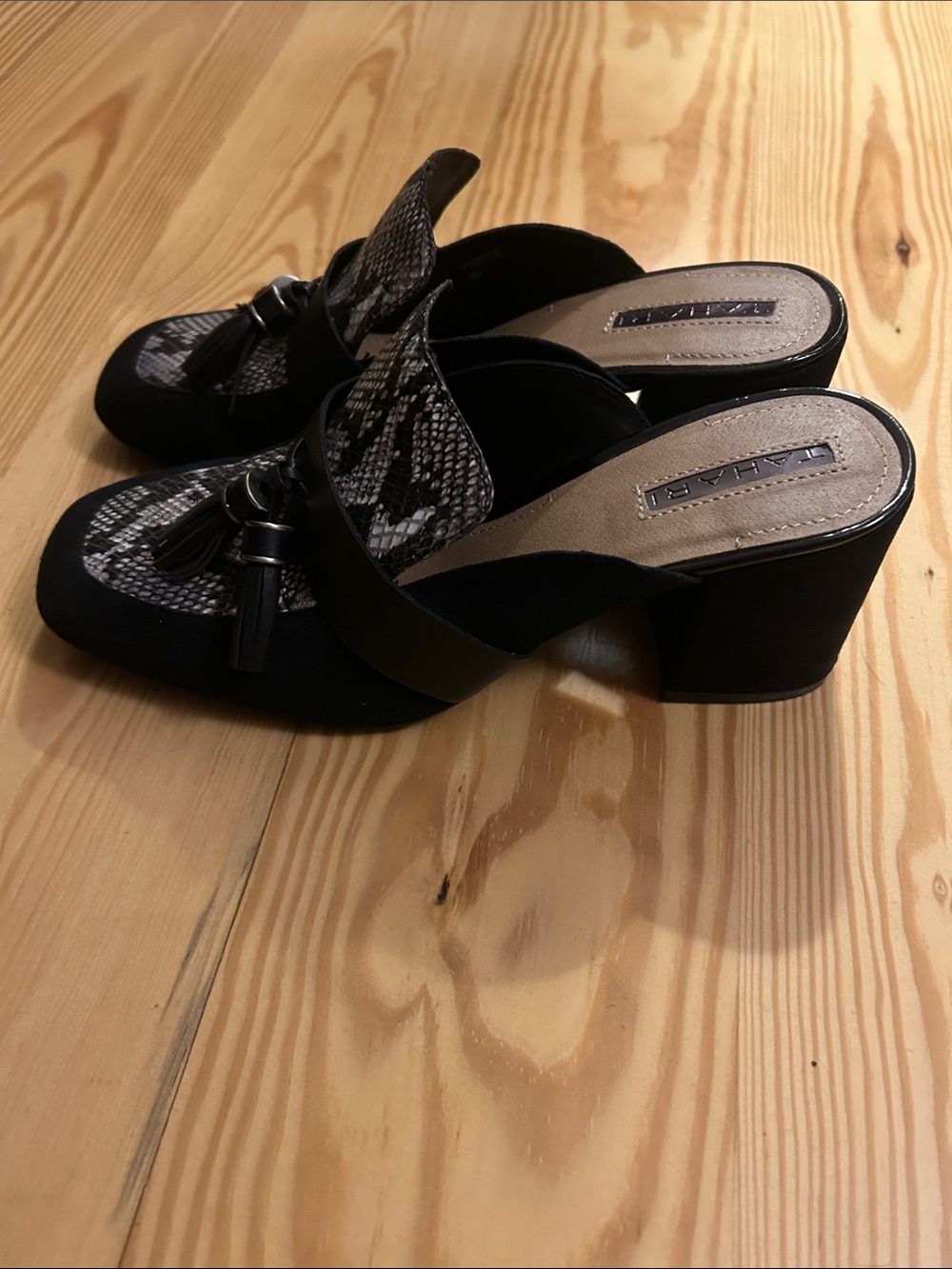 Tahari black suede snake print clogs mules